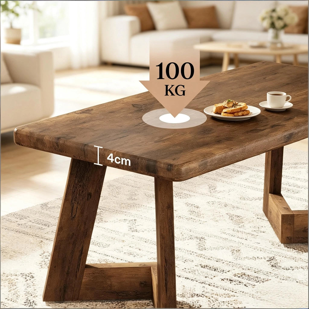 Tavolino basso rettangolare in legno stile country con piano da 4 cm per soggiorno 120 × 60 × 51 cm