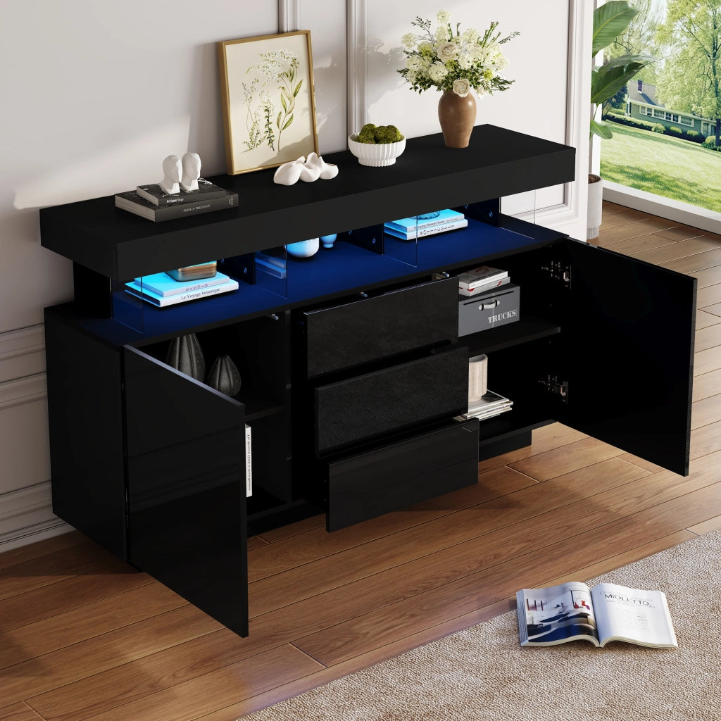 Sideboard moderno lucido nero 140 x 35 x 80 cm con LED, 3 cassetti e 2 vani contenitori