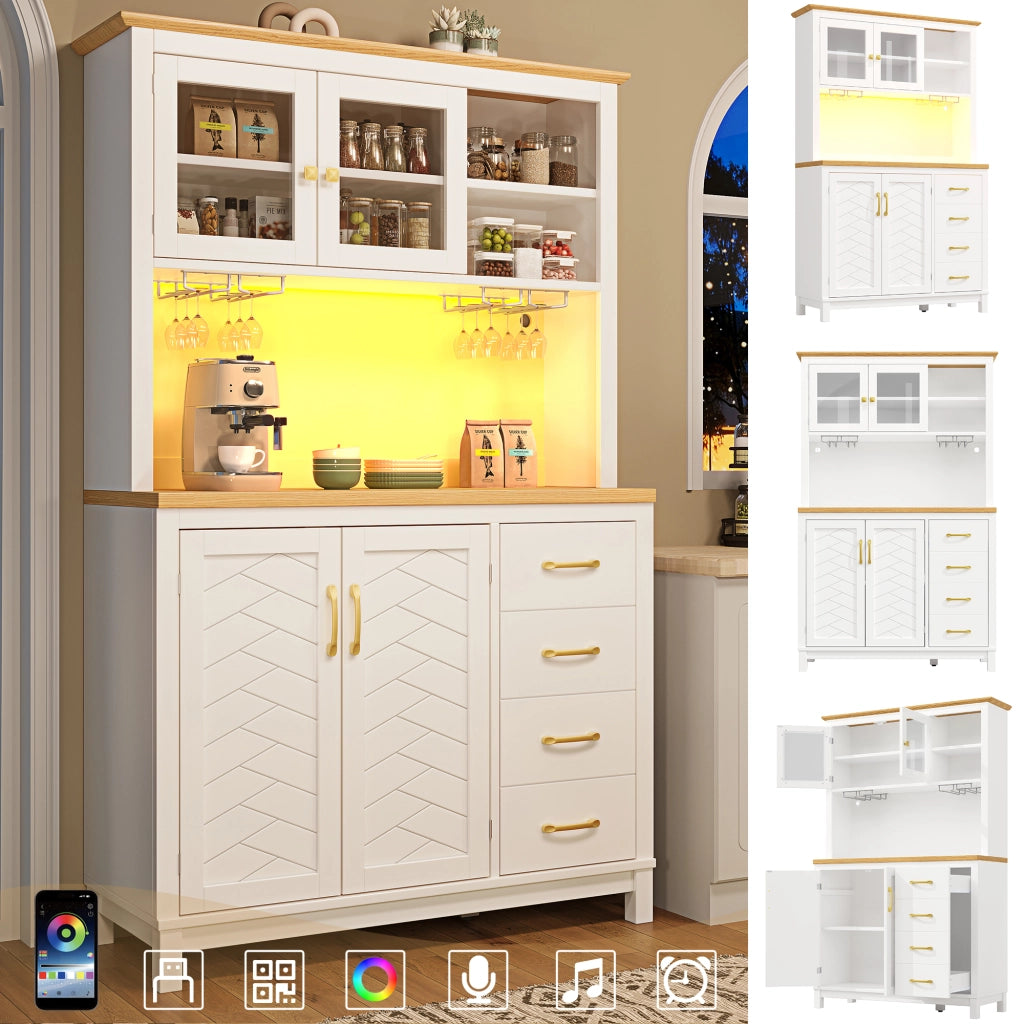 Credenza da Cucina con Vani Contenitore e Cassetti; LED Regolabile; in MDF; per Cucina; 105.5x40x180 cm; Bianco