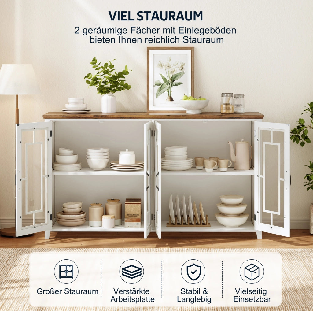 Credenza da cucina 160 cm bianca con ante in vetro e ripiani