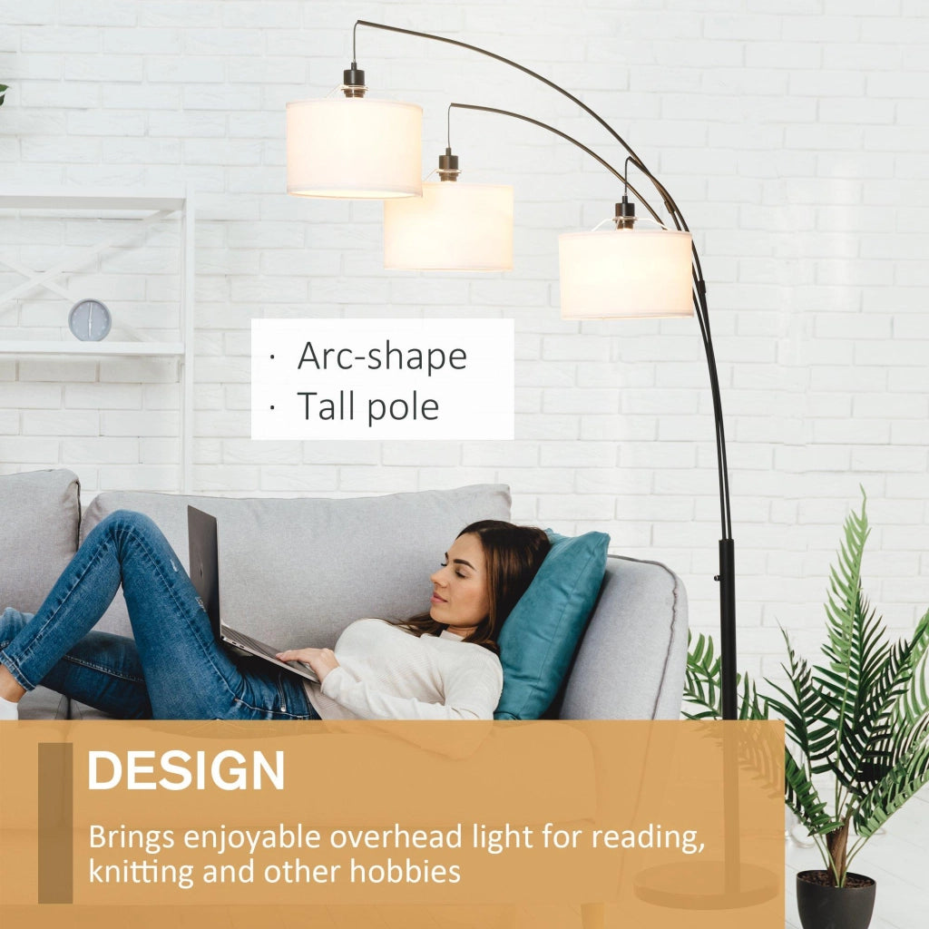 Lampada da Terra con 3 Paralumi E27 H205 cm in Metallo Nero e Bianco
