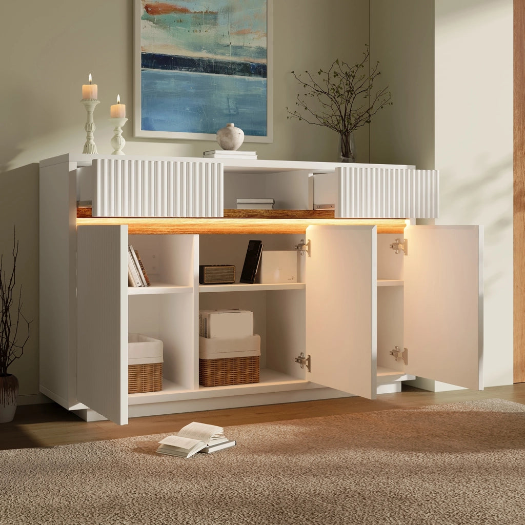 Credenza da sala da pranzo, mobile da ingresso, con luci a LED, 2 cassetti e 3 ante, ripiani regolabili, 140 x 40 x 85 cm, bianco