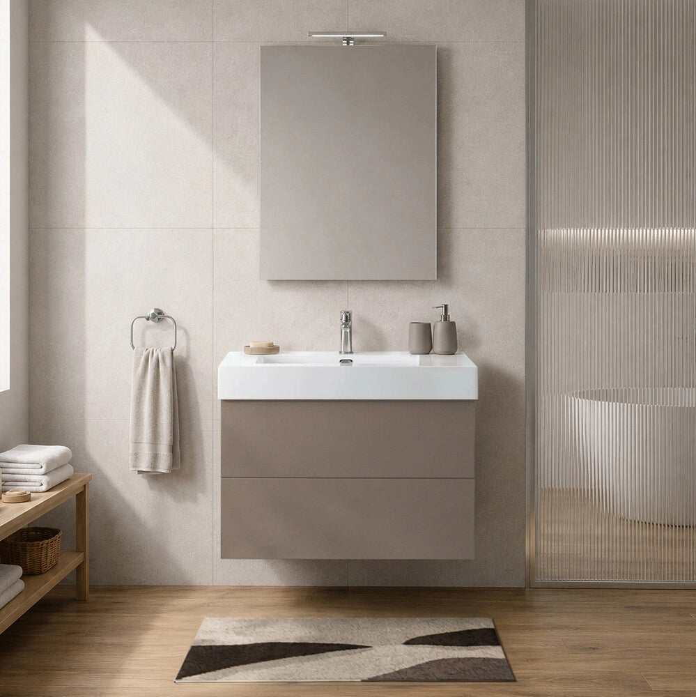 Mobile bagno sospeso 70 cm tortora due cassetti push-pull e lavabo in resina Tierra