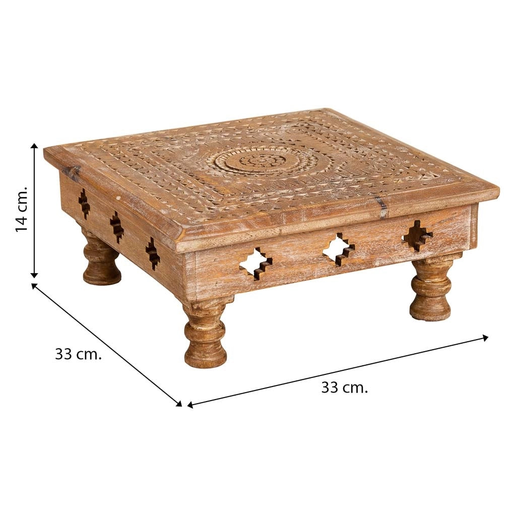 Tavolino da centro in legno intagliato finitura artigianale 33x33x14