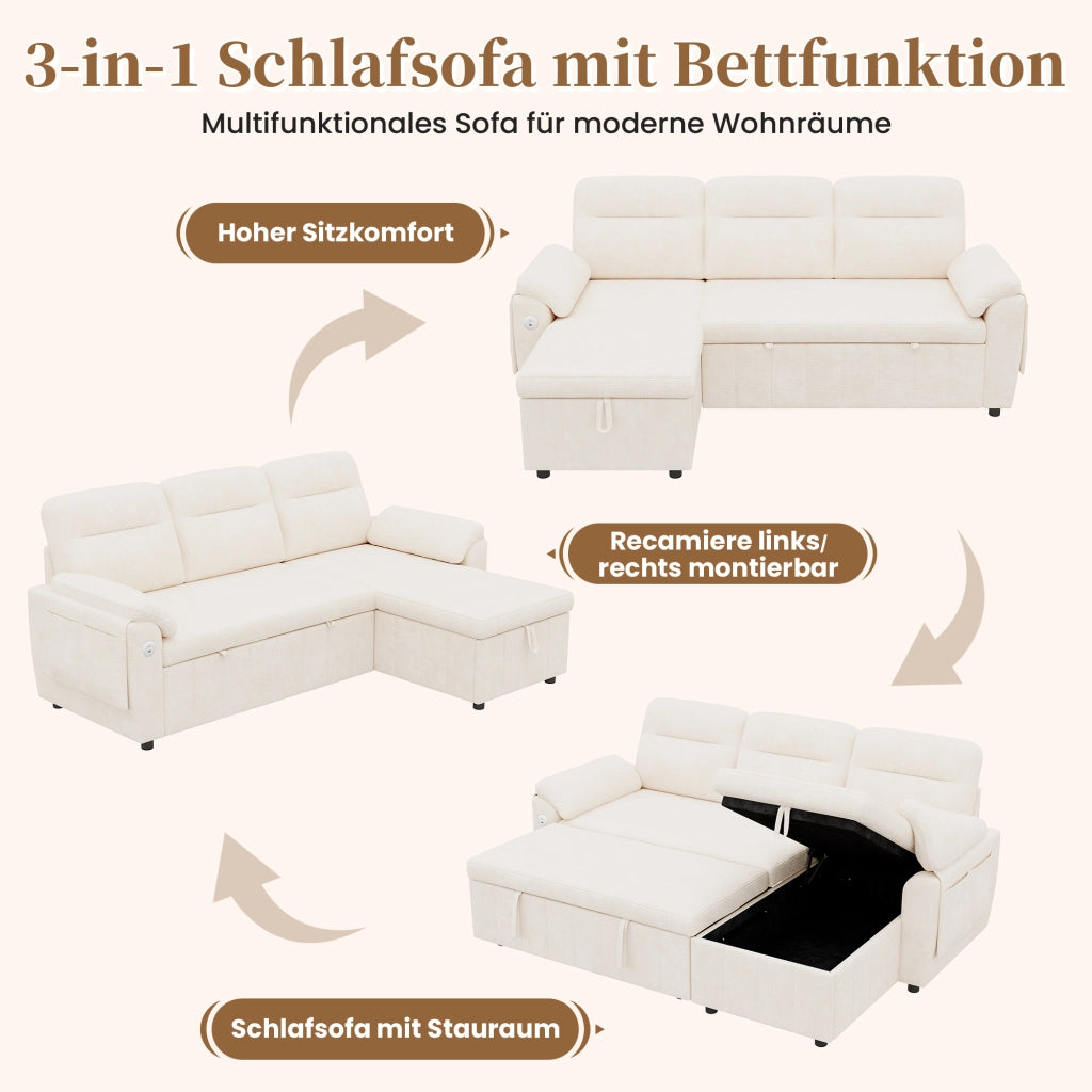 Divano angolare convertibile con letto estraibile chaise longue reversibile con contenitore in chenille beige per casa