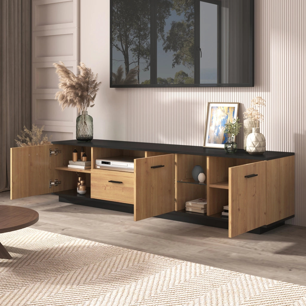 Mobile TV con Cassetto, 3 Ante e Vetro ¨C Xylo ¨C Nero, Legno Naturale, LED