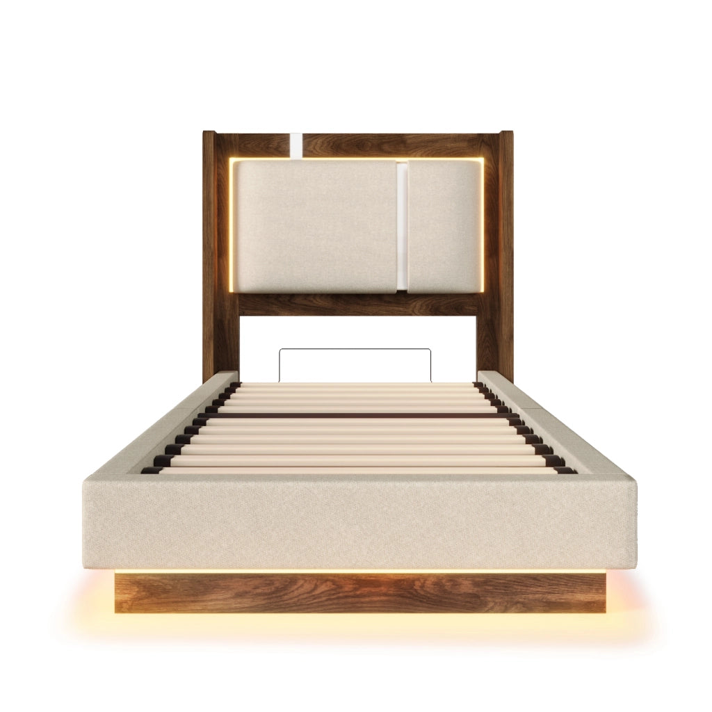 Letto singolo 90x200 cm con rete, LED, contenitore idraulico e testiera imbottita beige