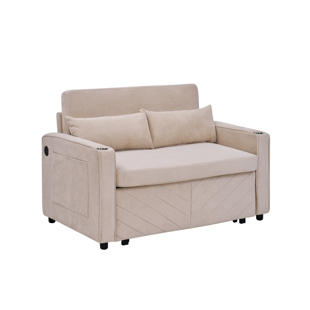 Divano letto 2 posti beige in legno e tessuto; con porte USB