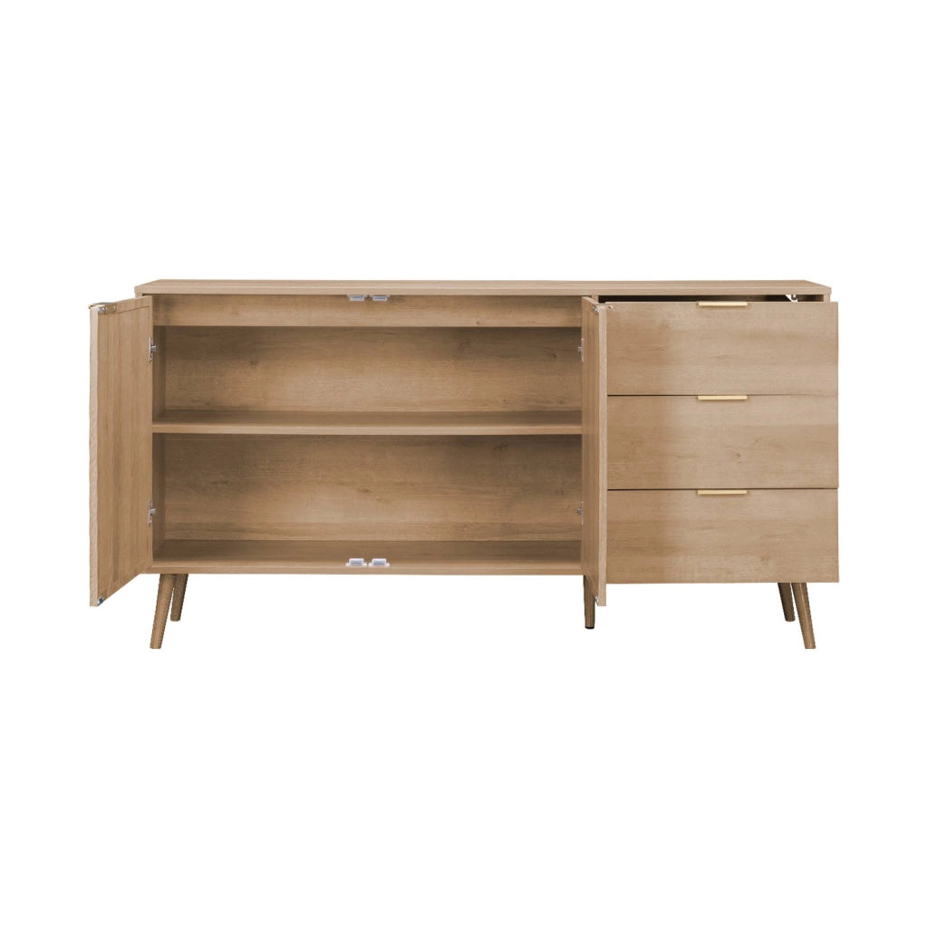 Credenza in legno e canna a 2 ante e 3 cassetti, 150cm, marrone
