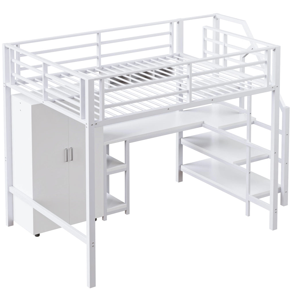 OKWISH Letto a Soppalco 140×200 cm, Letto Matrimoniale con Armadio, Scaffali, Scala con Contenitore e Scrivania, senza Materasso, Bianco