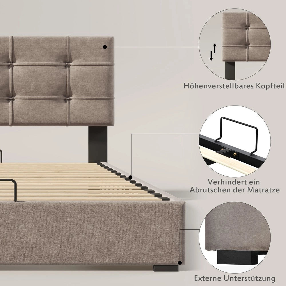 Letto Singolo Imbottito Contenitore con Testiera Regolabile ¨C MINIMAL ¨C Velluto Grigio Chiaro 90x200