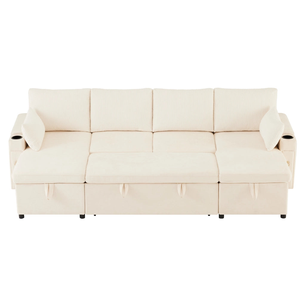 Divano letto modulare ULEVR a U 272x131x84 cm, 4 posti, con contenitore e portabicchieri, beige