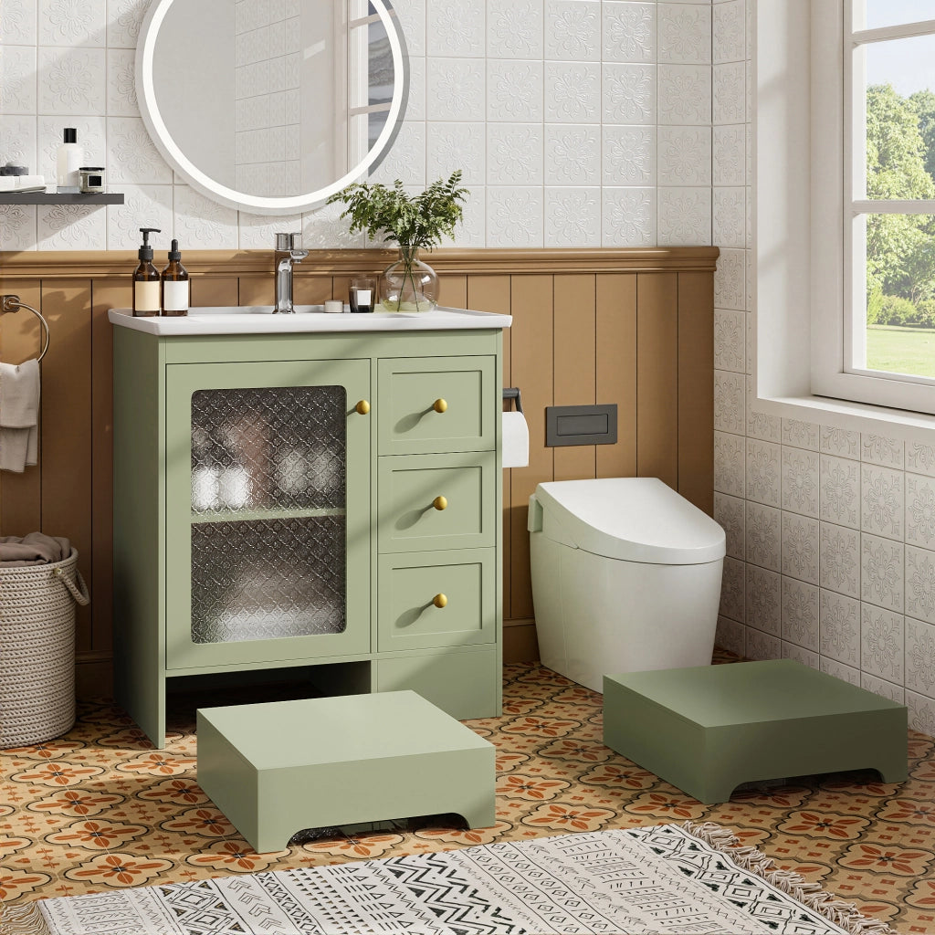 Mobile Bagno con Lavabo in Ceramica, LED, Specchio in Vetro e Maniglie Dorate ¨C MINIMAL ¨C Bianco