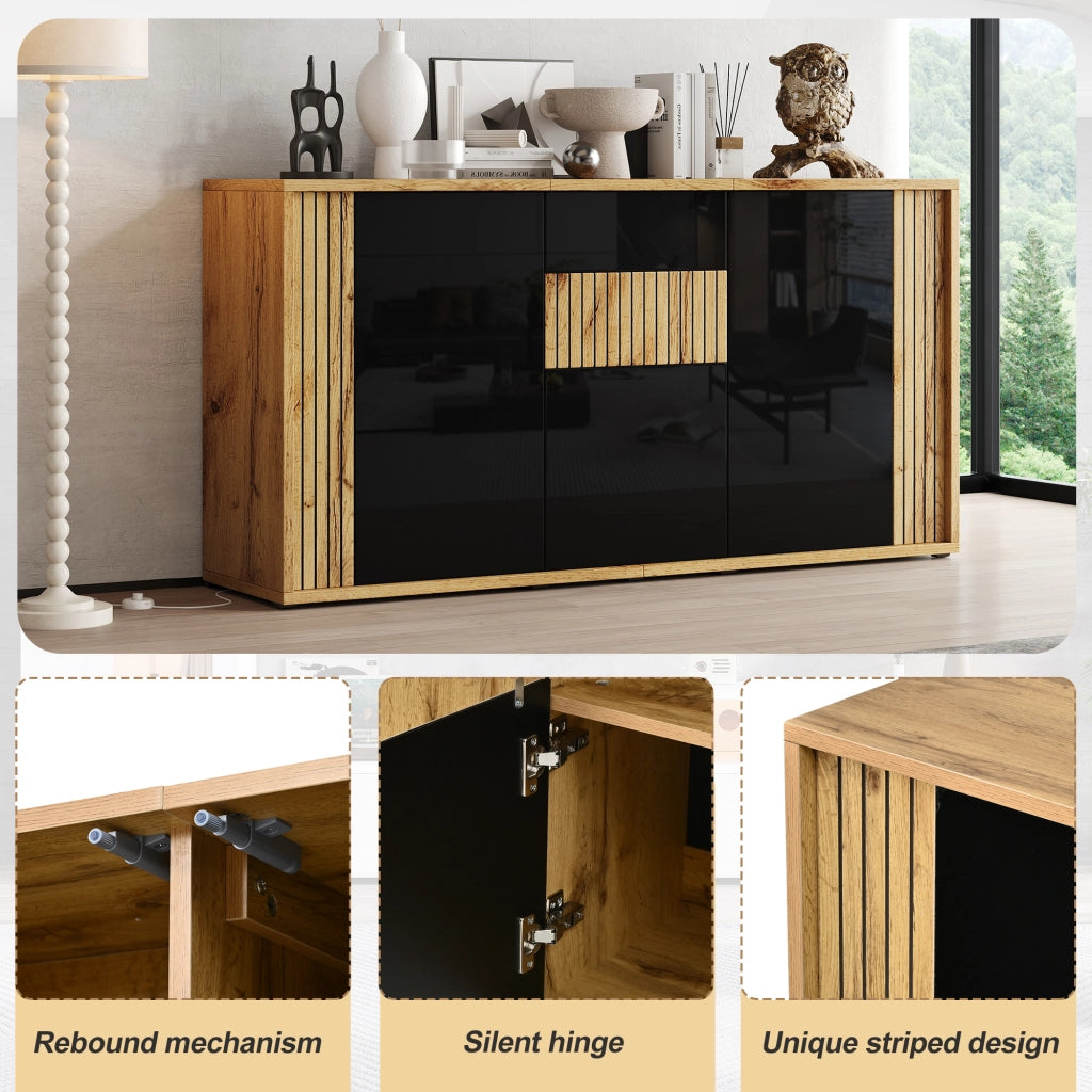 Credenza con 3 ante e 6 vani, push-to-open - per soggiorno - in MDF e truciolare - nero e legno