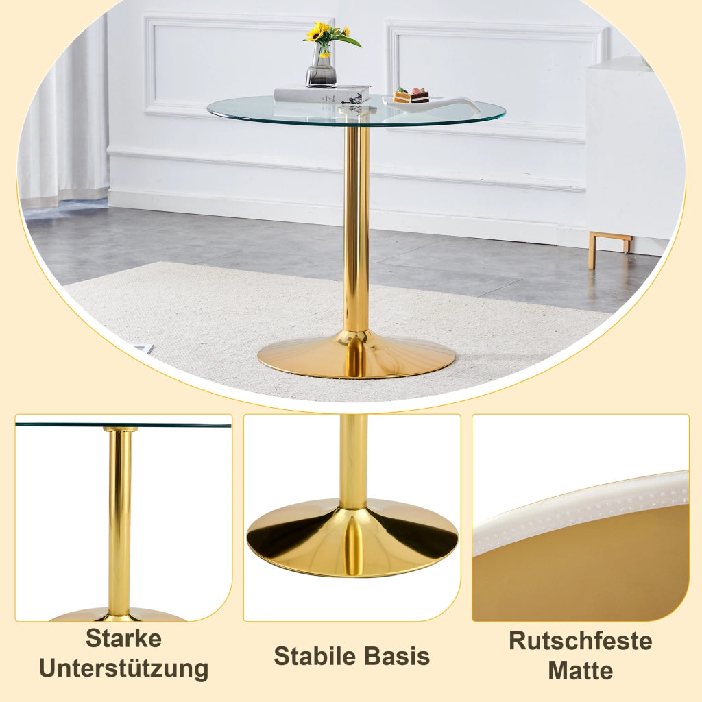 Tavolo da bar in vetro temperato e metallo con base rotonda dorata, per soggiorno e caffè, 85 × 76 cm