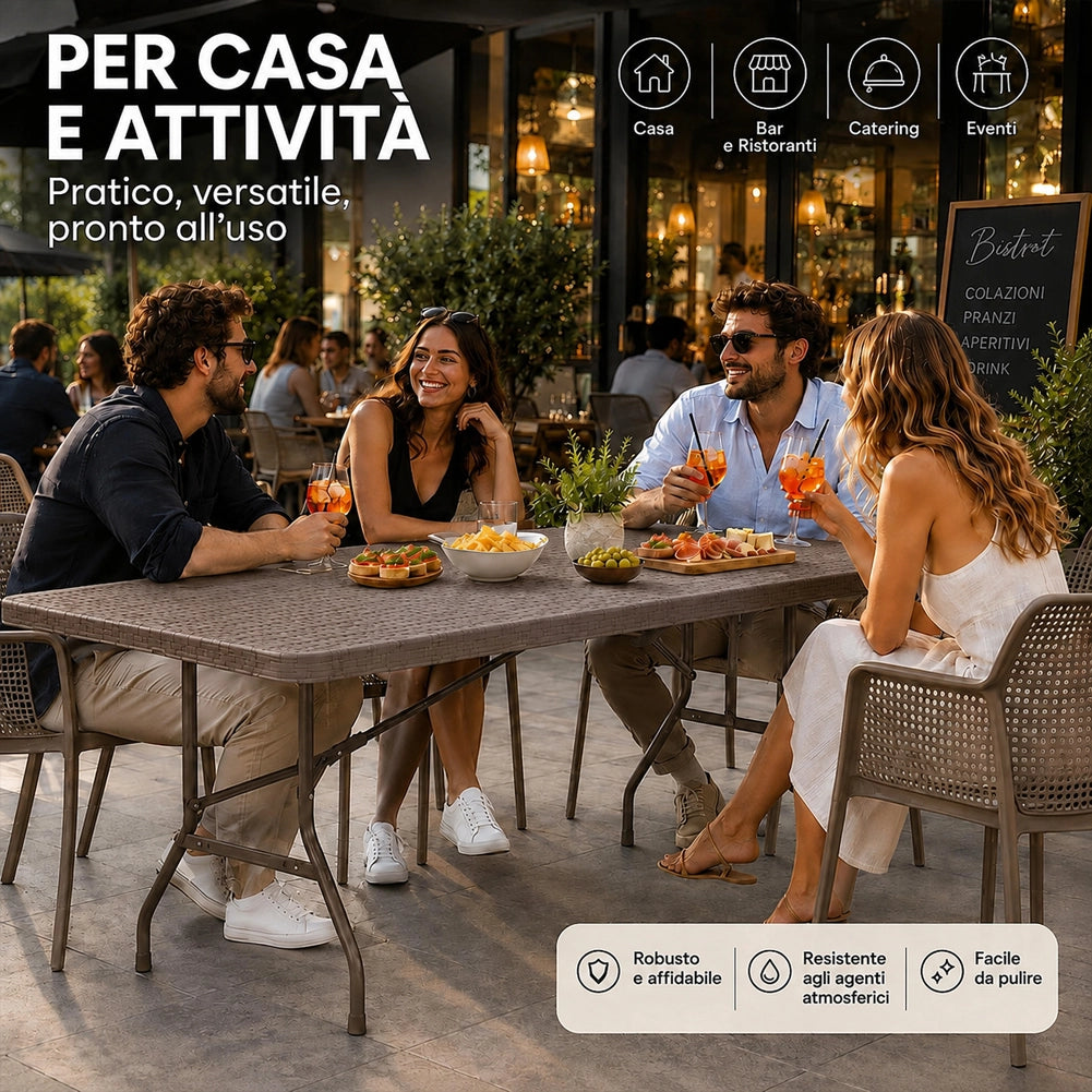 Tavolo Pieghevole Tortora Polyrattan Resistente Tavolino da Esterno 180x74x74cm