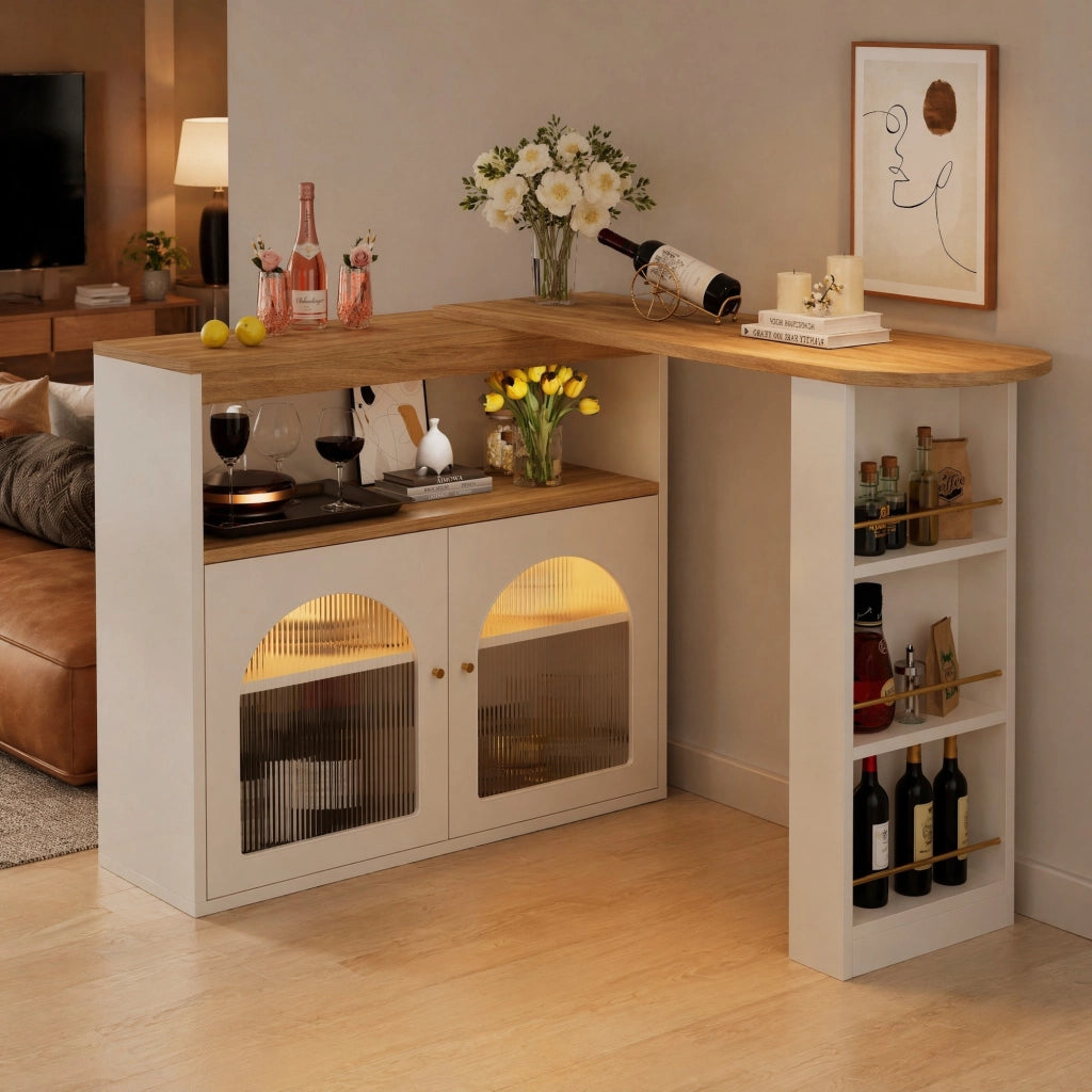 TAVOLO BAR Allungabile 138-193x39x105 cm Bianco MDF con LED e rotazione 360°