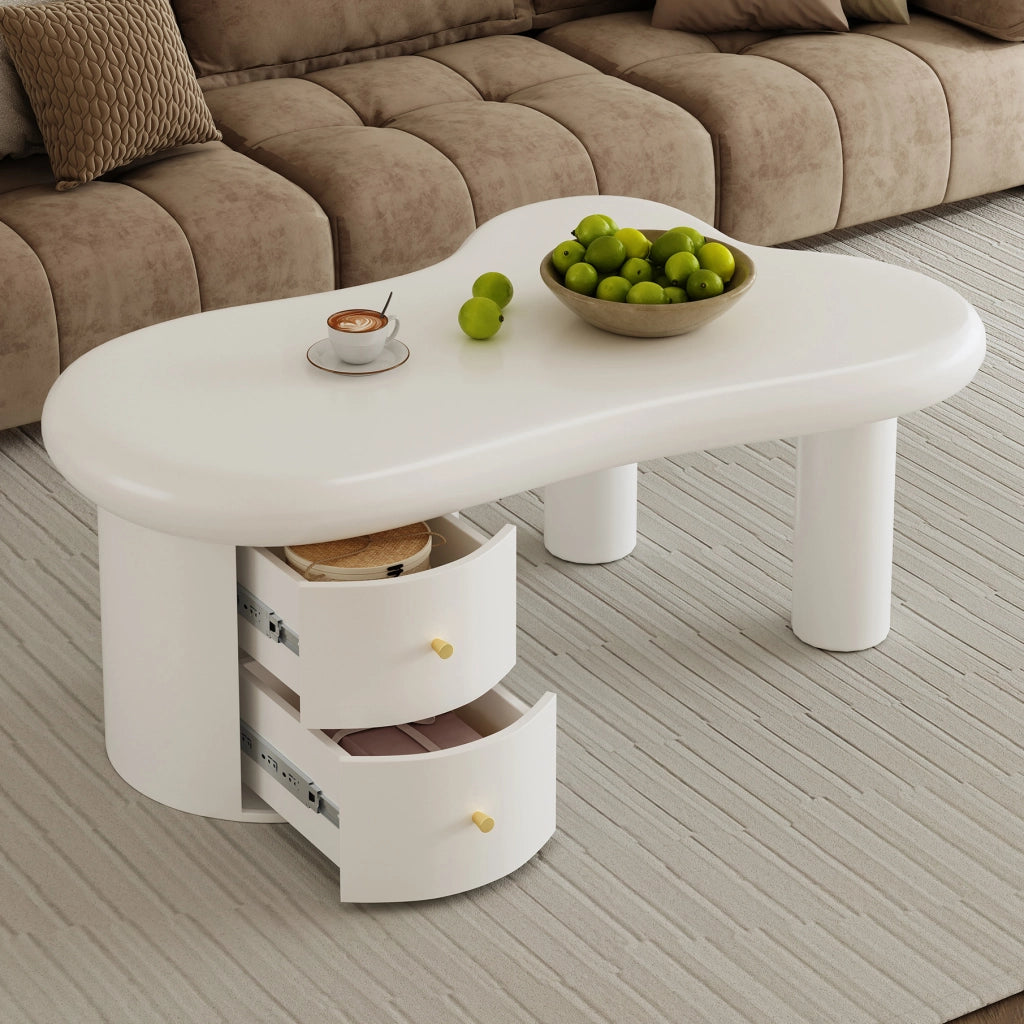 Tavolino da salotto moderno bianco in MDF 97 x 64 x 42 cm con 2 cassetti e angoli arrotondati