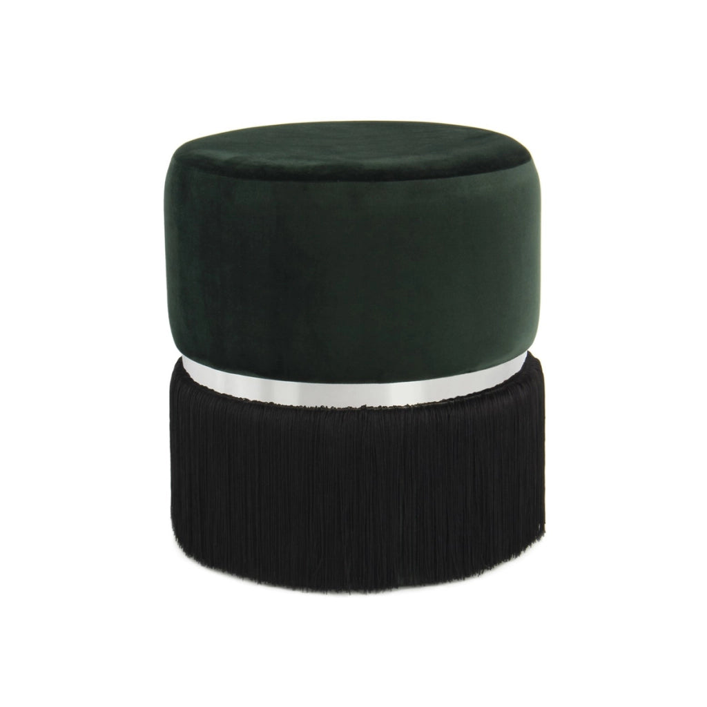 Pouf Rebecca in velluto verde scuro con frange e anello silver