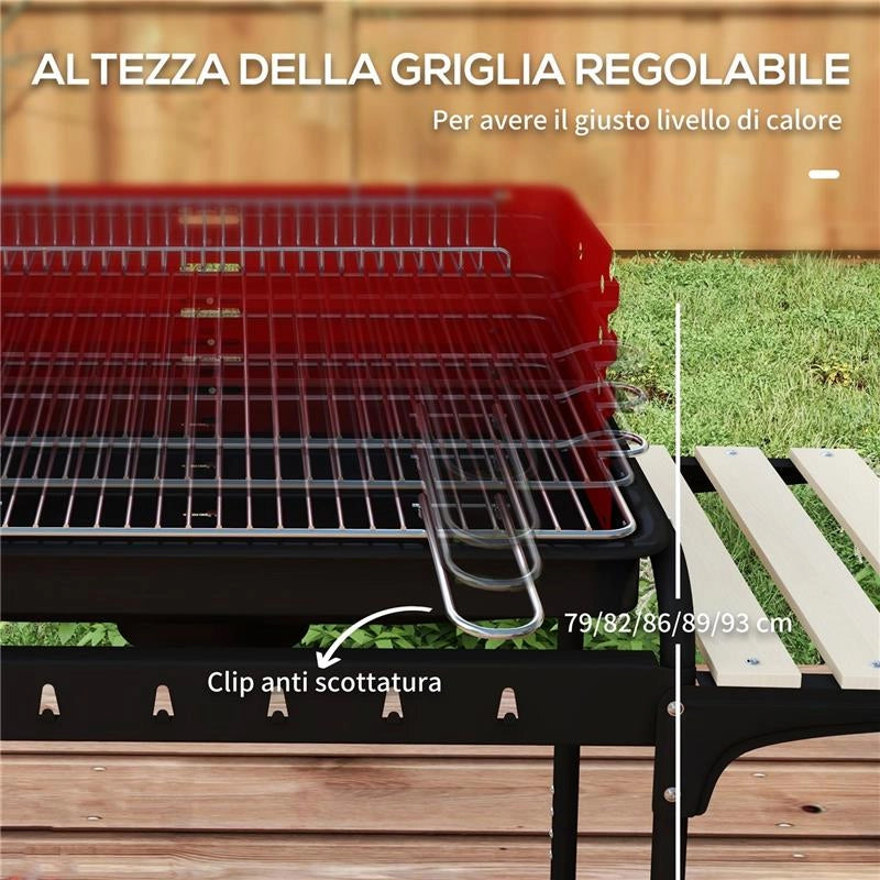 BARBECUE A CARBONELLA CON GRIGLIA REGOLABILE E 3 RIPIANI IN METALLO LEGNO 103X47X95 CM ROSSO