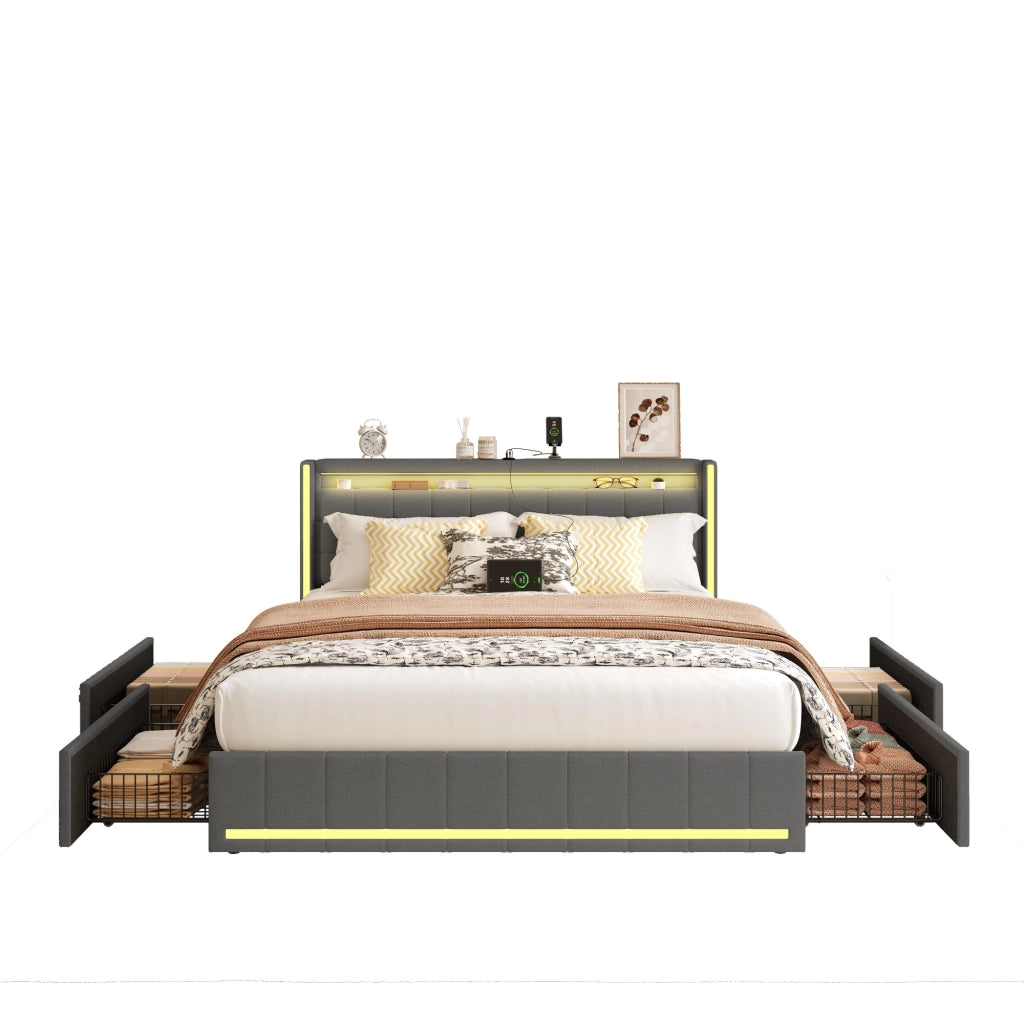 Letto 160x200 cm con contenitore; LED e porte USB in legno e MDF grigio scuro