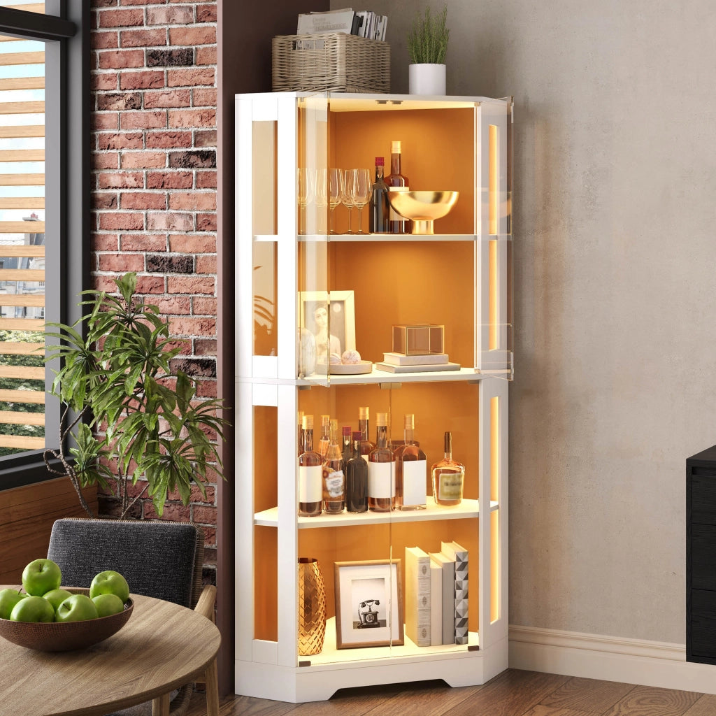 Credenza alta con 4 ante e 2 ripiani regolabili; LED RGB - per cucina - in MDF e vetro - 40×40×165 cm - bianco