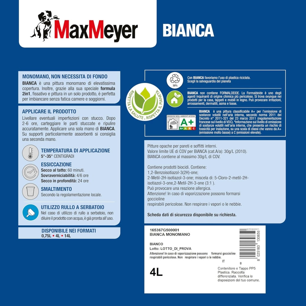 Pittura per Interni Lavabile Monomano 2-in-1 BIANCA, Colore Bianco, 4L
