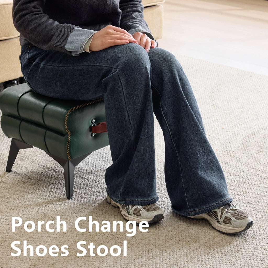 Pouf multifunzione per cambio scarpe con maniglia, piedini antiscivolo e gambe in acciaio in pelle PU verde