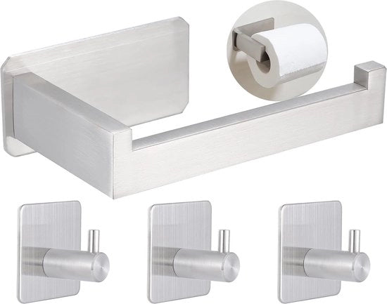 Sostegno per carta igienica senza foratura, acciaio inossidabile, adesivo, contenitore per ruota wc in acciaio inossidabile + 3 ganci, impermeabile, anticorrosivo, adatto per bagno e cucina, contenitore per ruote igieniche