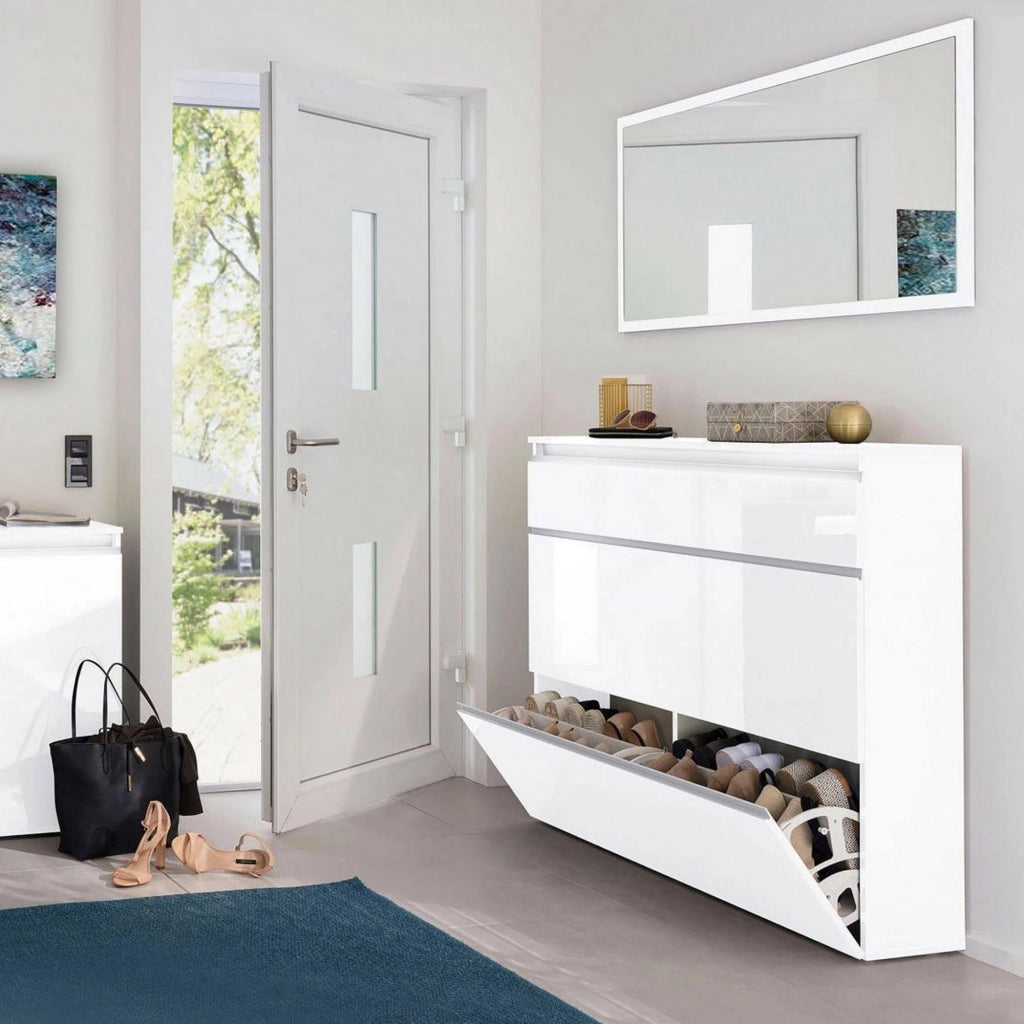 Mobile Portascarpe Amuri, Scarpiera 24 Paia Made in Italy, 120x27x108h cm Bianco Lucido
