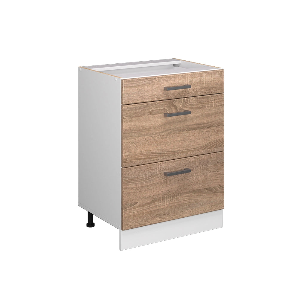 Mobiletto base per cucina R-Line Sonoma/Bianco 60 cm con cassetti, senza piano di lavoro Vicco