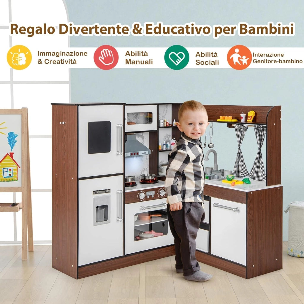 Set da Cucina Giocattolo in Legno, Cucina Giocattolo per Bambini con Accessori, Piano di Cottura con Luci e Suoni, Cucina Giocattolo per Divertimento ed Educazione, Età 3+ anni