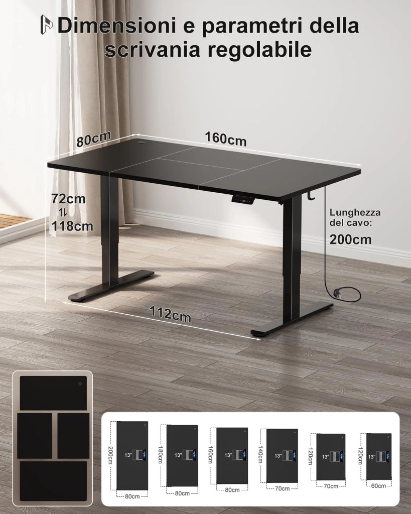 Scrivania elettrica regolabile in altezza, 160 x 80 cm, due supporti telescopici estendibili, con piano diviso in quattro parti, scrivania per computer con funzione memoria