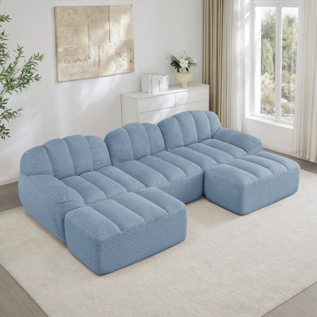 Divano a U modulare senza struttura con schiuma 32D ad alta densità e ottomani in fleece granulato blu 288 × 165 × 79 cm