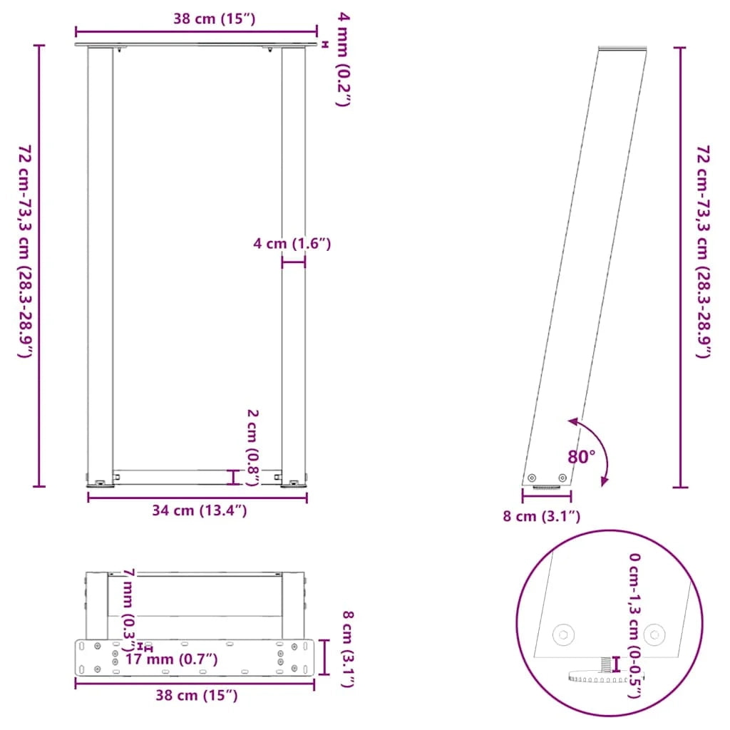 Set di 2 gambe per tavolo consolle a forma di U 38 x 72 cm con livellatore regolabile design moderno in acciaio antracite 02_0057064