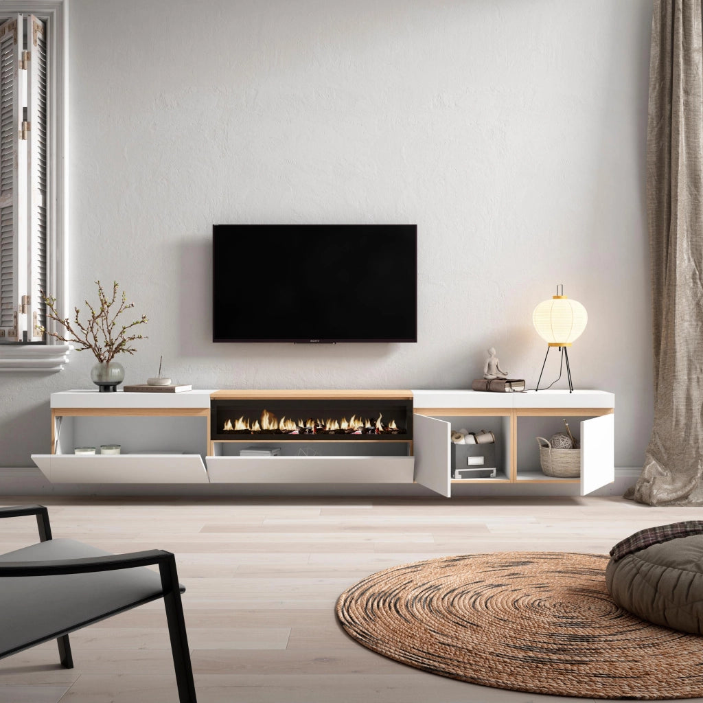 Mobile TV Soggiorno, 288x45x35 cm, TV di grande formato, Camino elettrico, Sospeso, da appendere, Bianco e Rovere soft