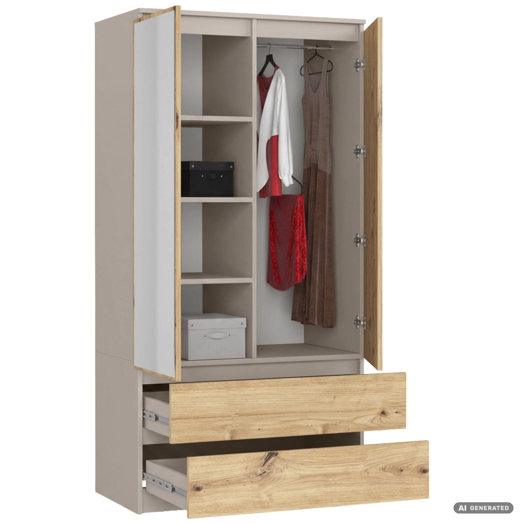 Armadio S90 con specchio integrato Cashmere 90 cm 2 ante 2 cassetti Colore dei frontali Rovere Artisan 4 ripiani 90x51x180 cm