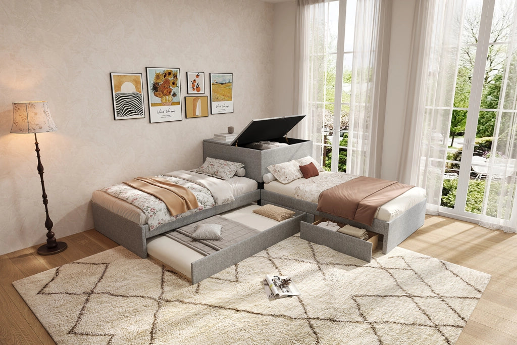 DESMIU Letto nido 90 × 200 cm 3 posti con contenitore, 2 cassetti e senza materasso, in lino, grigio