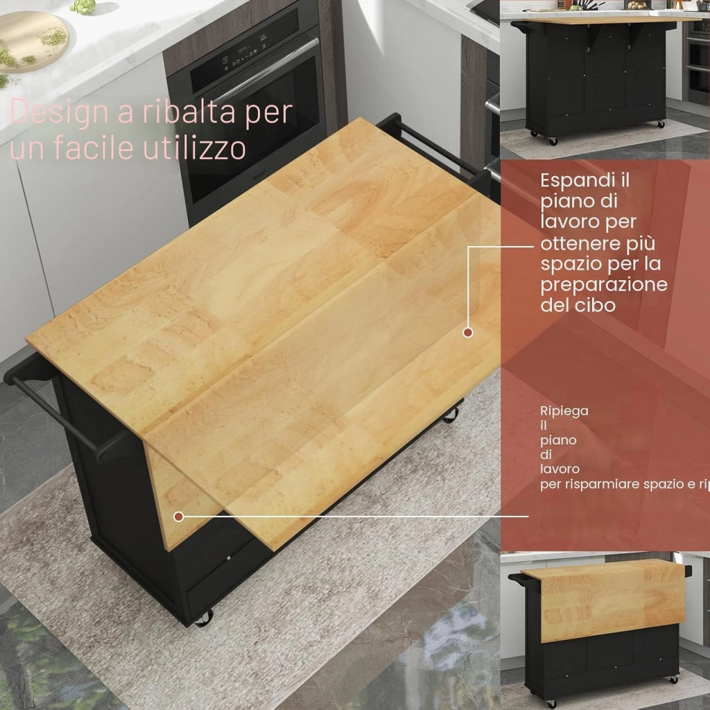 Isola centrale mobile con piano di lavoro in legno di albero della gomma, carrello da cucina con cassetto, porta bottiglia e 2 armadio con porta, carrello su ruote, 130 x 45 x 90 cm (nero)