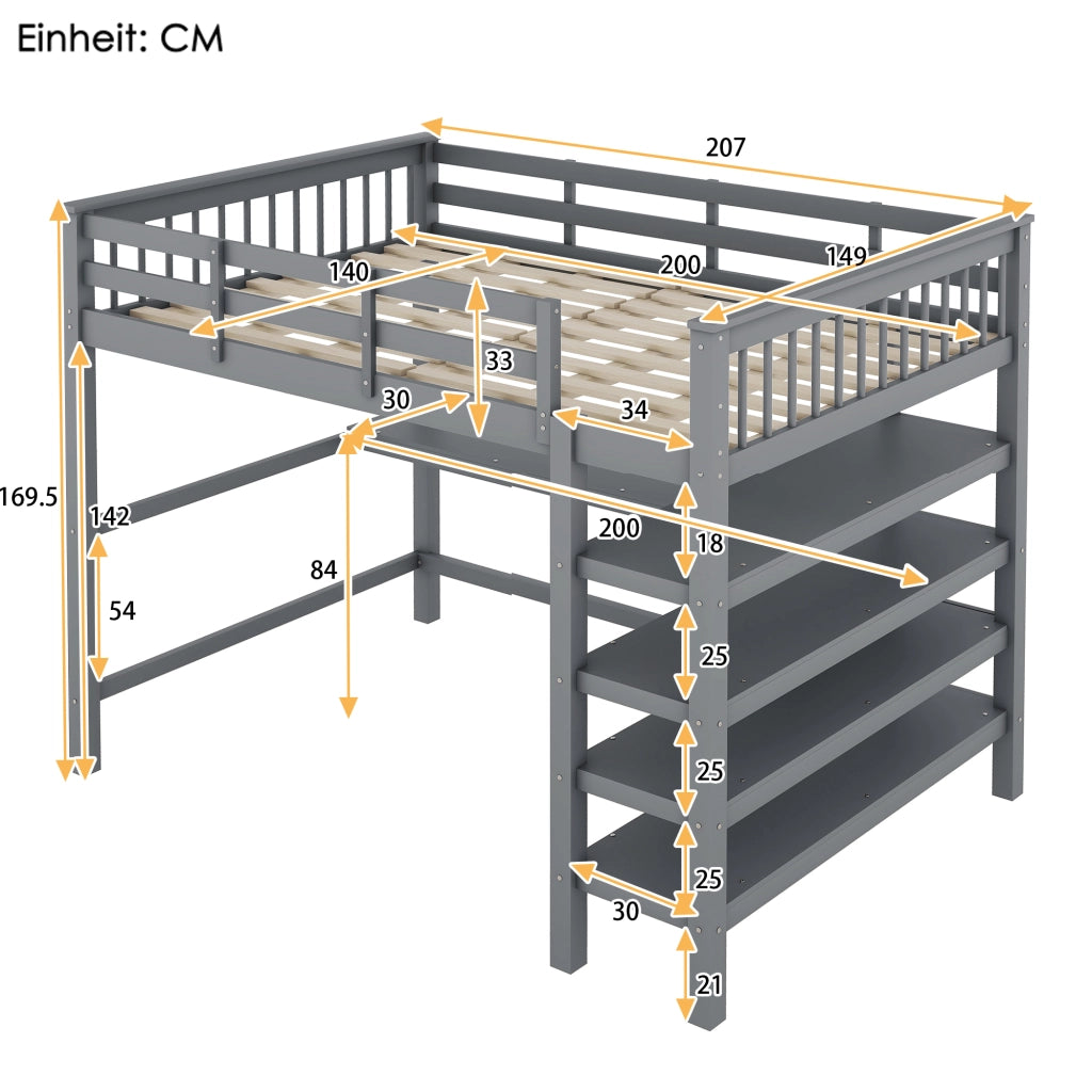 OKWISH Letto a Soppalco 140×200 cm, Letto Matrimoniale con Scrivania, Scaffali e Vani Contenitore, senza Materasso, Grigio