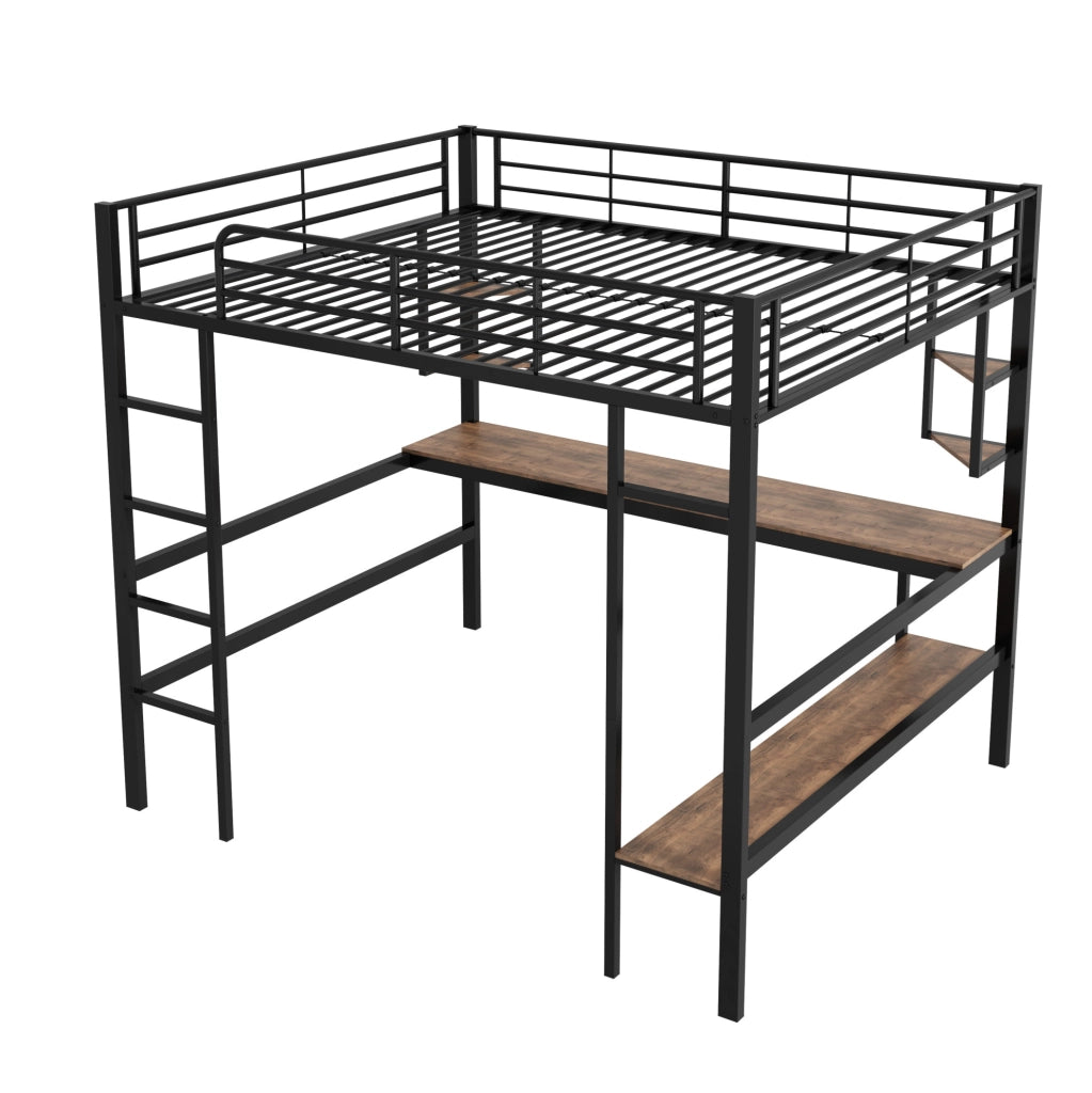 Letto a soppalco ULEVR 140x200 cm in metallo nero con scrivania, libreria e 4 ripiani
