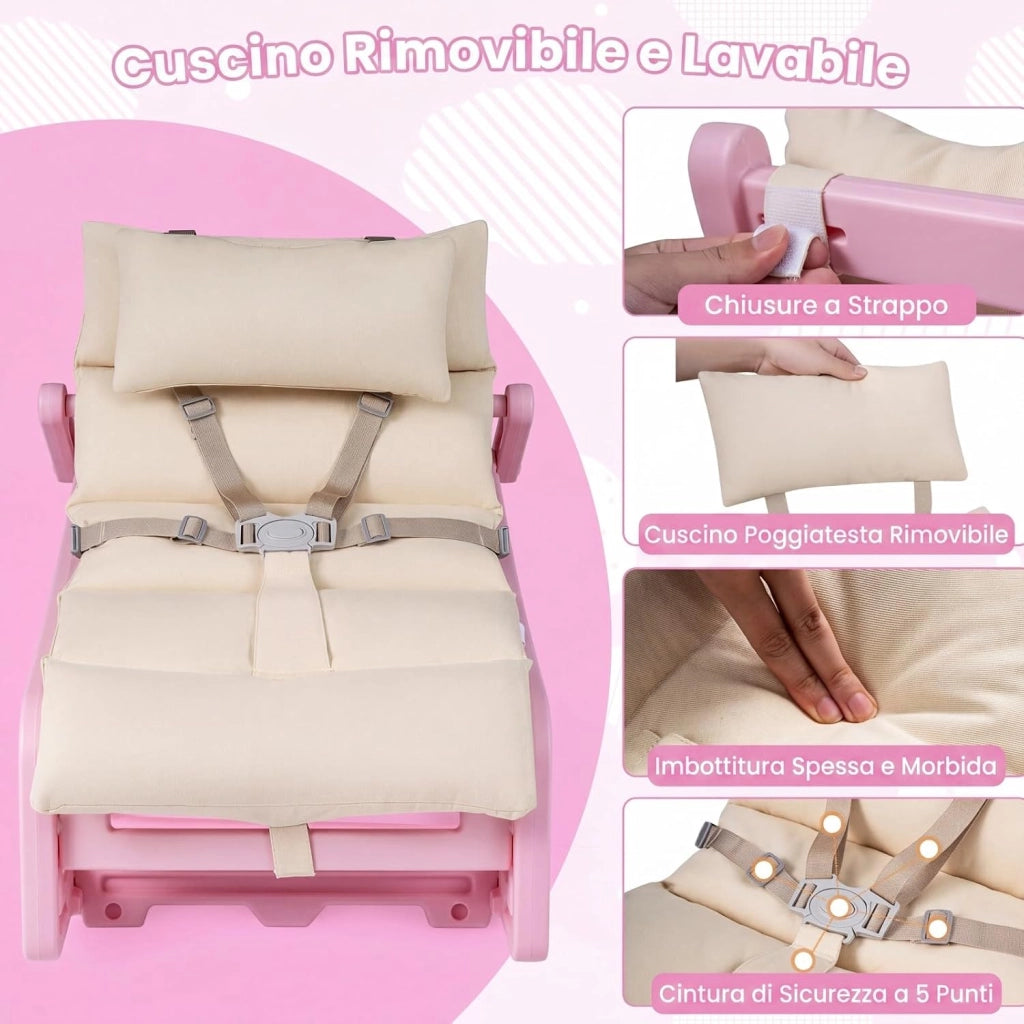 Sedia a Dondolo Bambini, Schienale Regolabile, con Cucino (Rosa) | Sdraietta a Dondolo, Poggiatesta Rimovibile e Cintura 5 Punti, Portata 80 kg, per Bambini 6+ Mesi