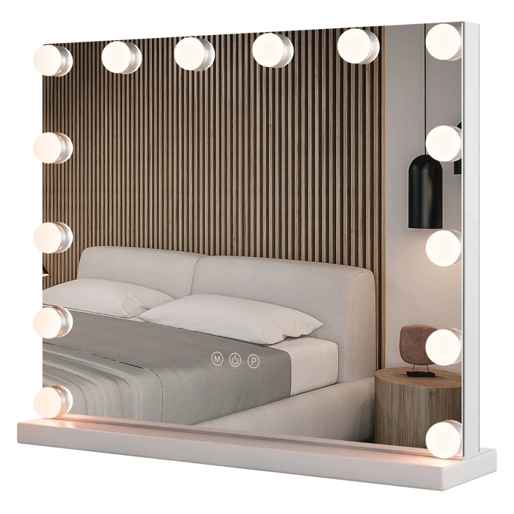 Specchio per il trucco 50 x 12 x 43 cm con 14 lampadine LED 3 modalità di illuminazione design moderno in specchio argento e bianco 20_0012844