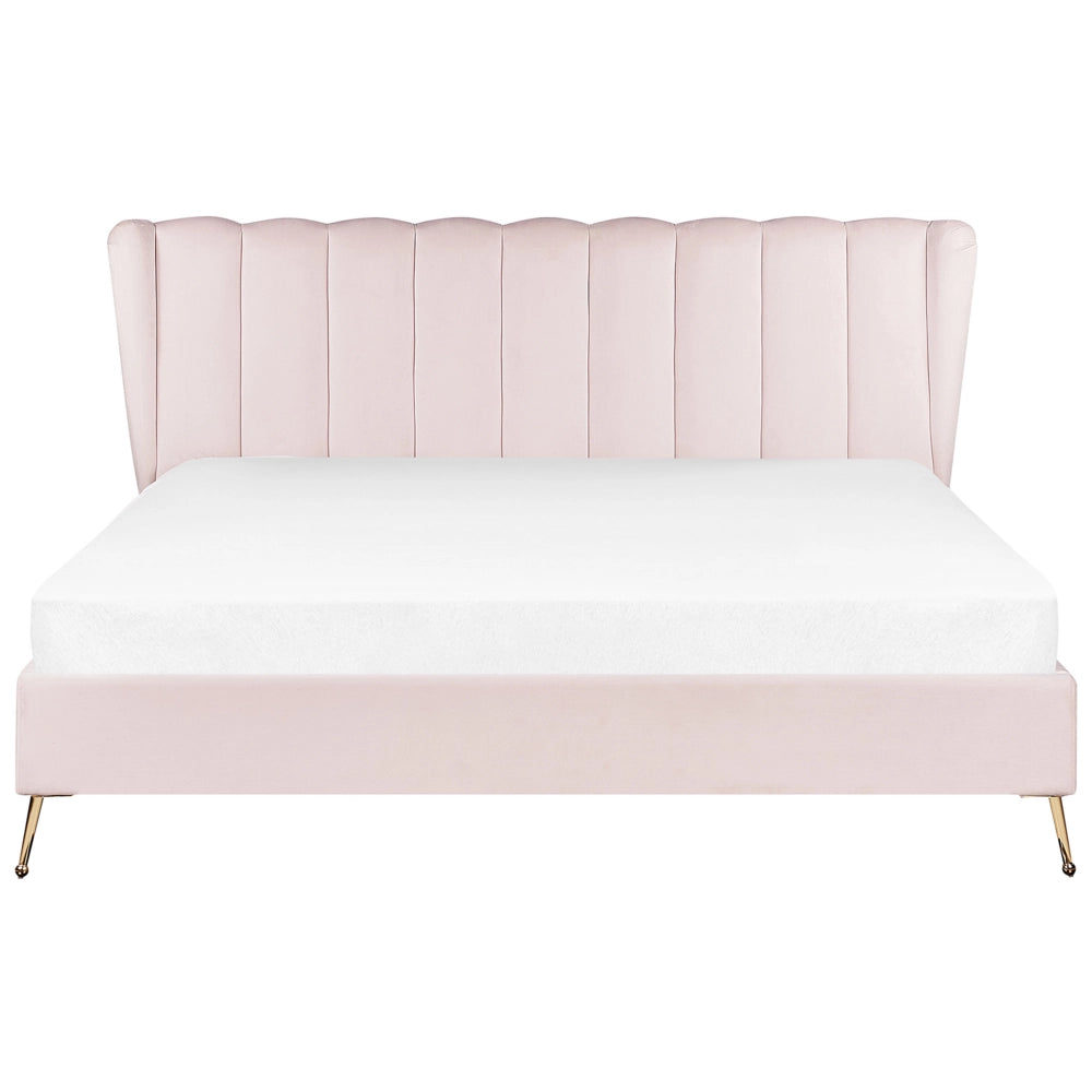 Letto in velluto rosa chiaro rivestito con gambe in metallo dorato UE Dimensioni doppie 180 x 200 cm con testata con porta USB Camera da letto moderna e glam.