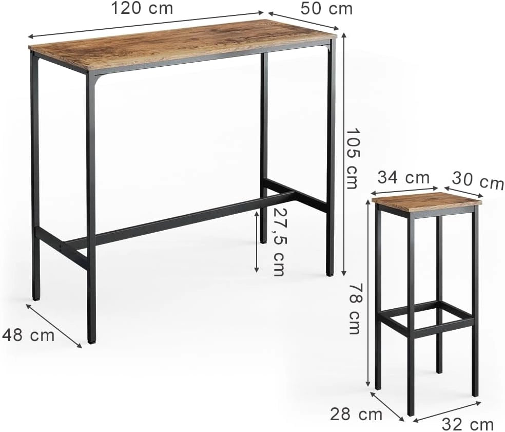 Tavolo bar con sgabelli Fyrk, Legno antico, 120 x 50 cm con 2 sgabelli da bar, adatto per banconi e piani cucina, impilabile per la conservazione