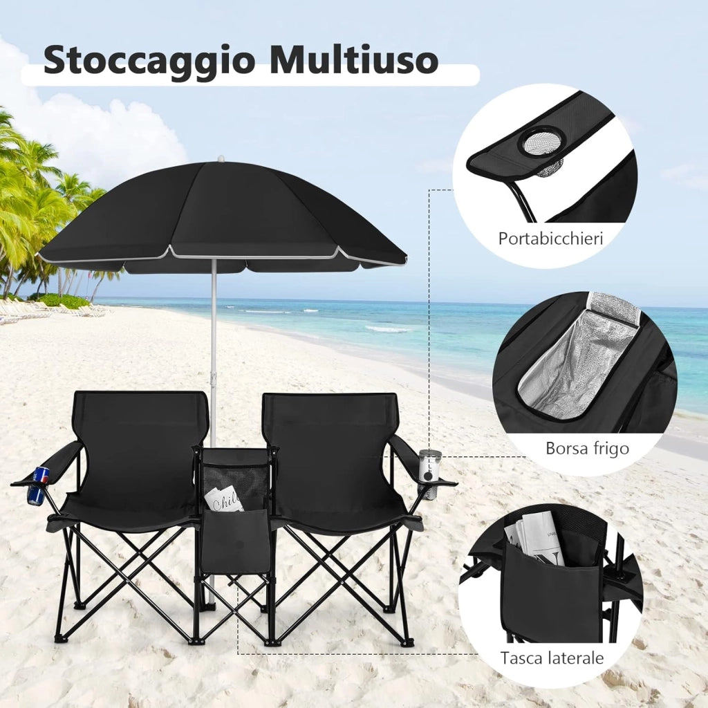 Set di 2 Sedie da Campeggio Pieghevoli, con Ombrellone e Tavolino Contenitore, Resistente e Leggero, Capacità 113 kg (nero)