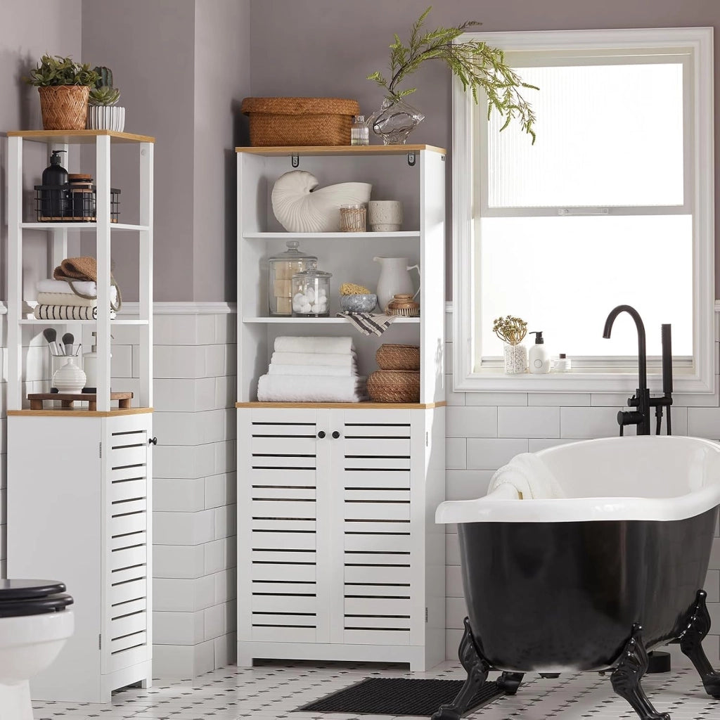 Mobile Alto Bagno – Armadio Bagno Salvaspazio con Ripiani Regolabili – Grande Capacità in Legno Resistente all’Umidità, per Cucina, Soggiorno, Bianco, 60x160x30 cm, BZR44-W