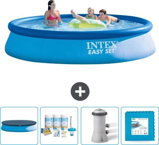 Piscina Rond Opblaasbar Easy Set - 396 x 84 cm - Blu - Inclusa Copertura - Kit Manutenzione - Pomp Filtro Piscina - Paving Piscina