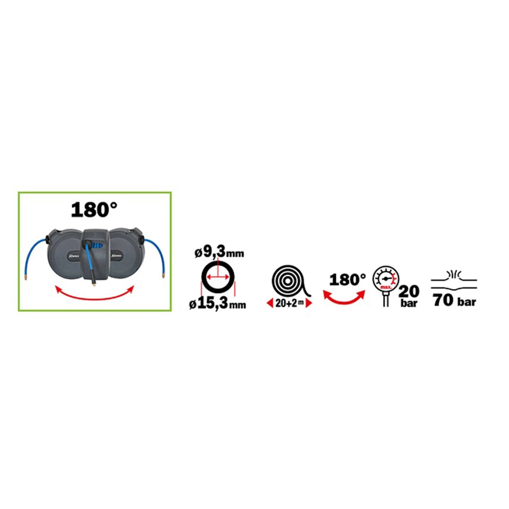 AVVOLGITUBO ARIA COMPRESSA AUTOMATICO TUBO PVC 20MT+2MT RACCORDI 1/4" RIBIMEX