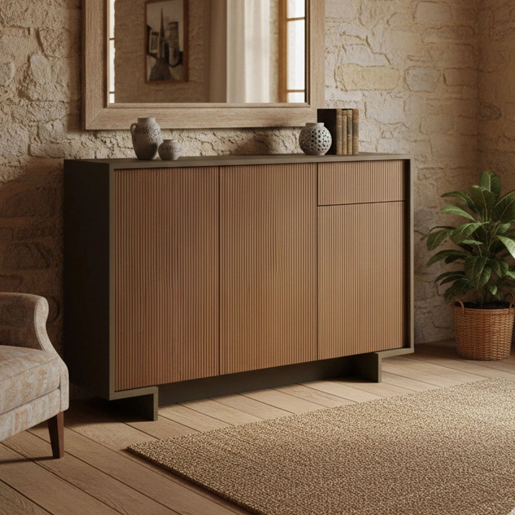 Credenza Arius, Madia da salotto, Buffet da soggiorno a 3 ante e 1 cassetto, 100% Made in Italy, 134x35h87 cm, Marrone e Noce
